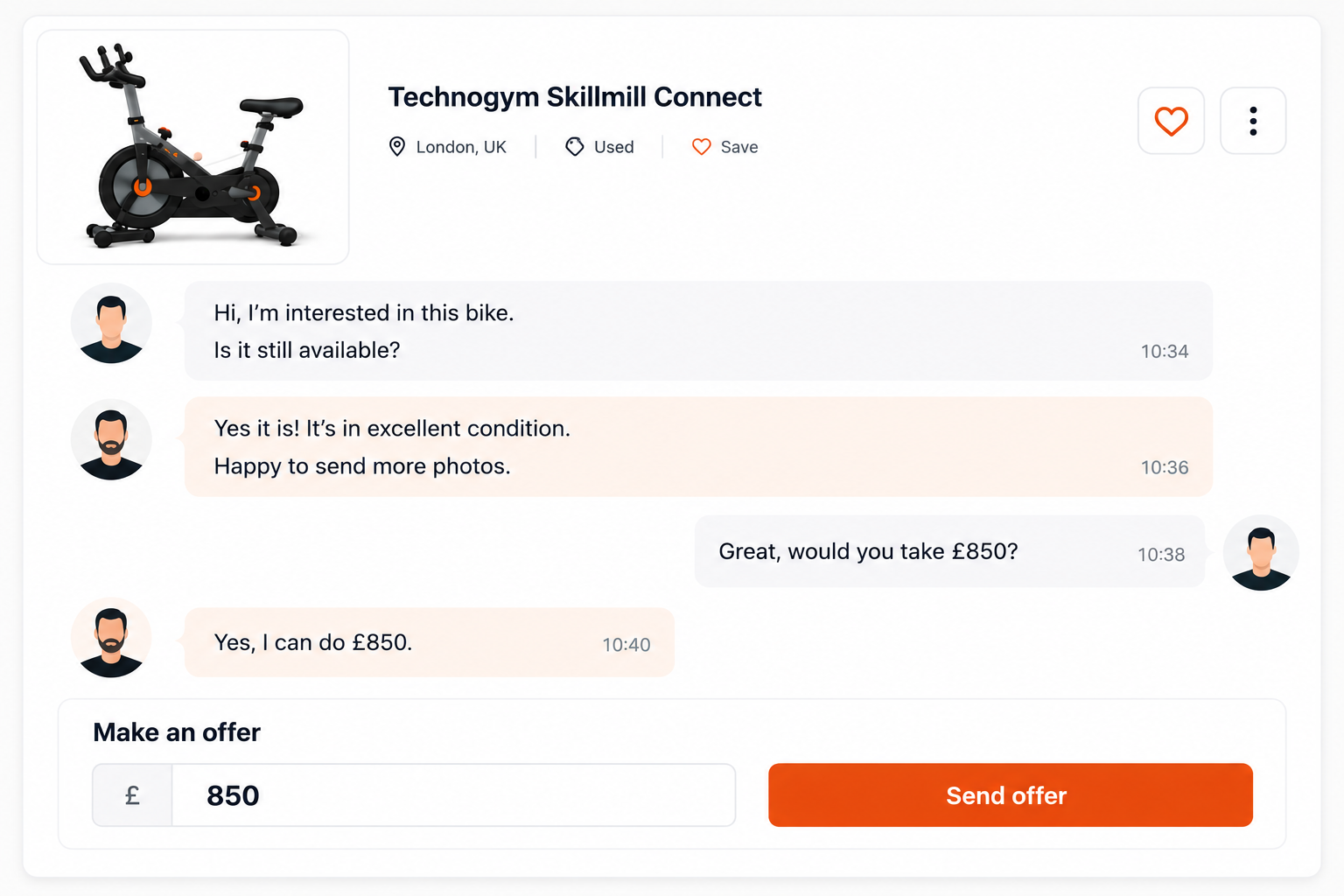 Equipd messaging screen with a buyer offer on a used gym machine