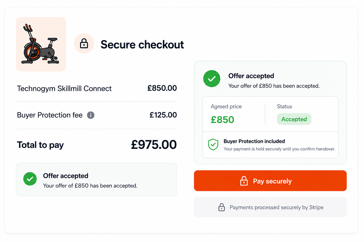 Equipd secure checkout with item price, Buyer Protection fee and pay securely button