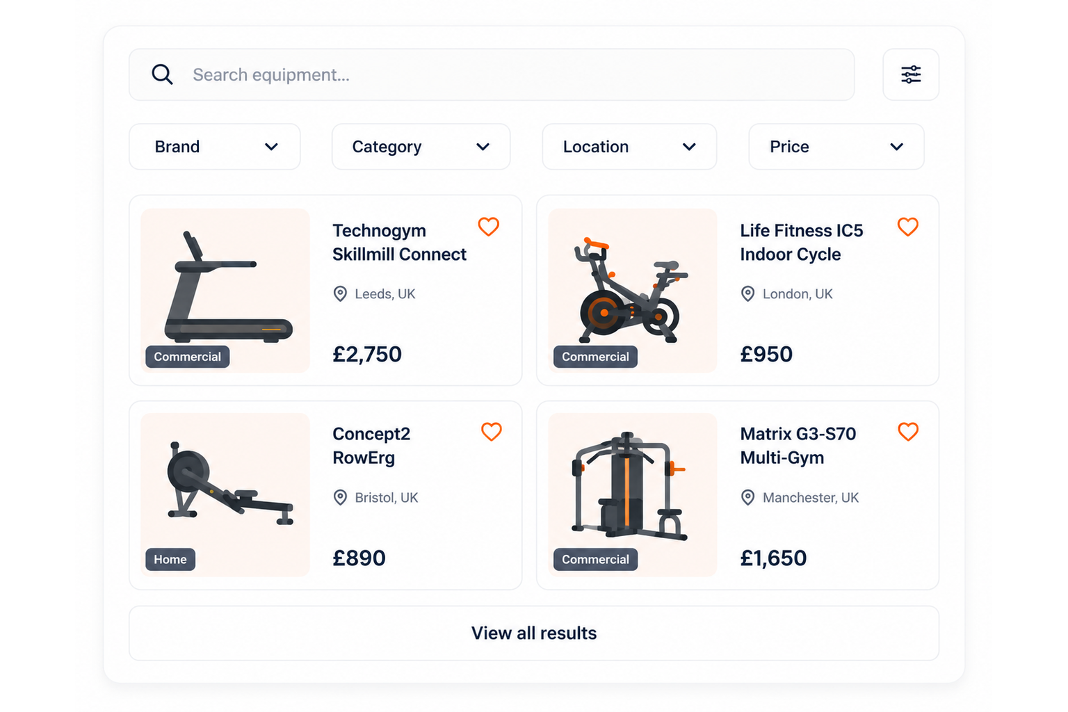 Equipd browse screen showing used gym equipment listings with search and filters