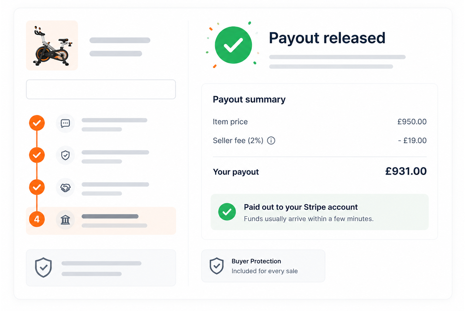 Equipd payout summary showing secure Stripe payment after a gym equipment sale
